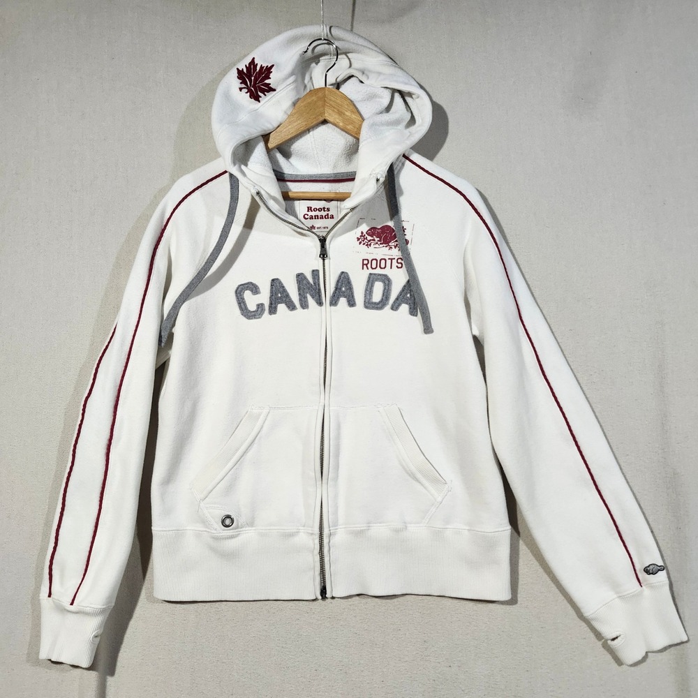 Roots Canada Full Zip Hoodie White Red Spellout Maple Leaf Thumbholes Women XL